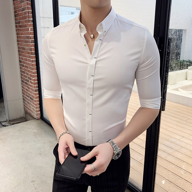 Pastel Colors Men Hidden Buttons Slim Fit Shirt