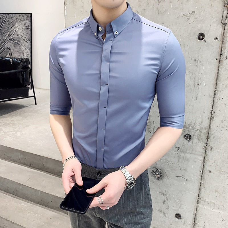 Pastel Colors Men Hidden Buttons Slim Fit Shirt