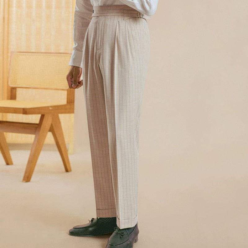 Polyester Striped Flat Front Trousers