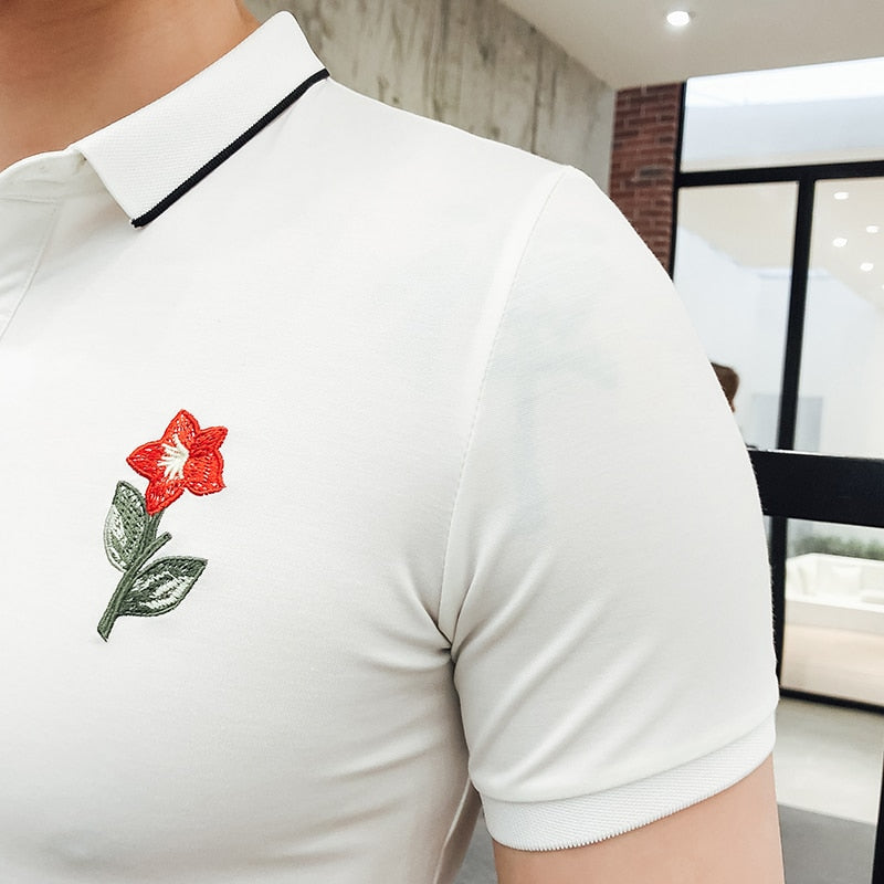 Basic Slim Fit with Tiny Flower Embroidery Men Polo Shirt - FanFreakz