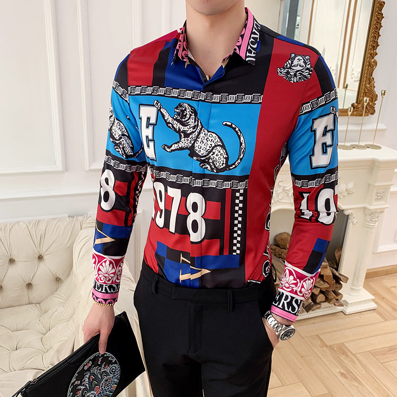 Tiger and Monogram Print Long Sleeve Style Men Slim Fit Shirt