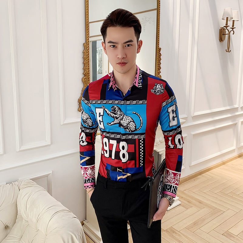 Tiger and Monogram Print Long Sleeve Style Men Slim Fit Shirt