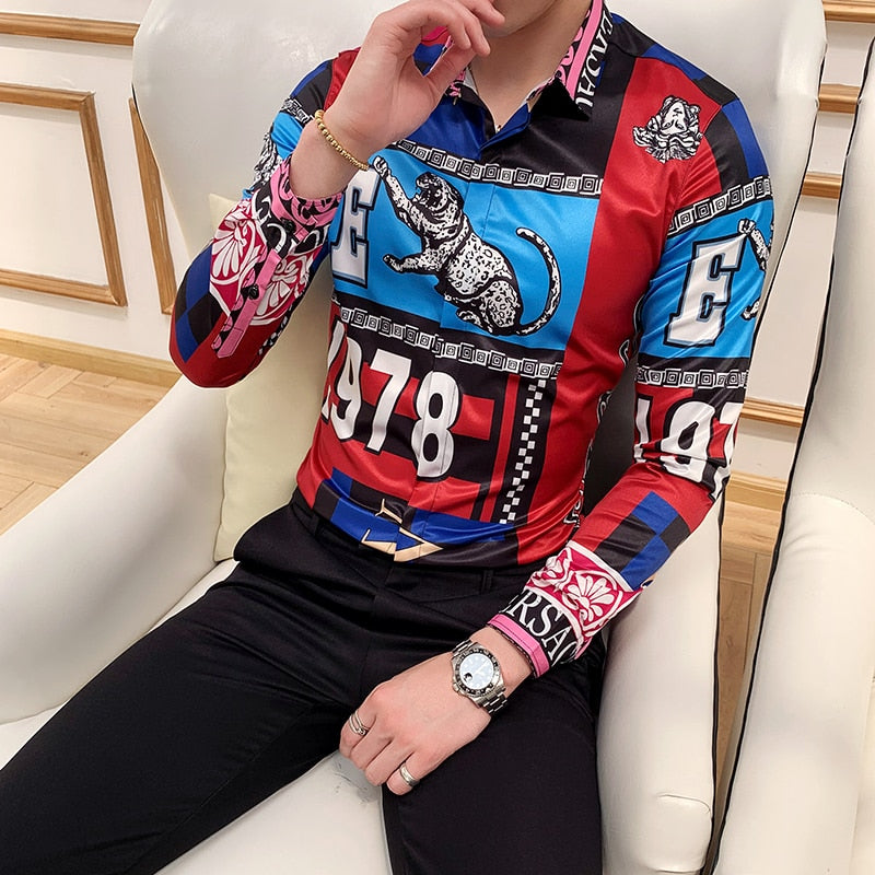 Tiger and Monogram Print Long Sleeve Style Men Slim Fit Shirt