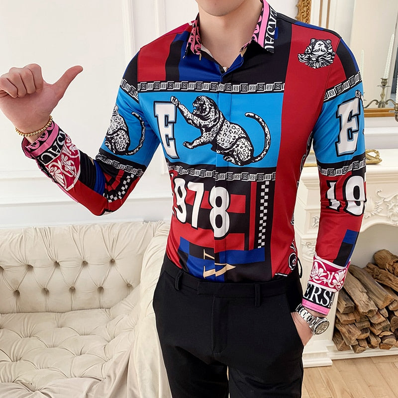 Tiger and Monogram Print Long Sleeve Style Men Slim Fit Shirt