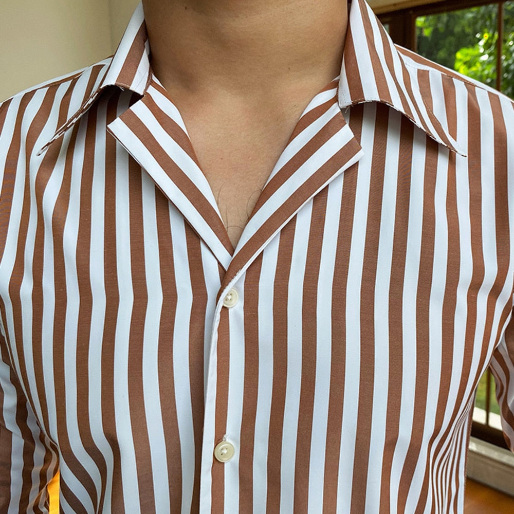 Cuban Collar Vertical White Stripes Decorated Shirt