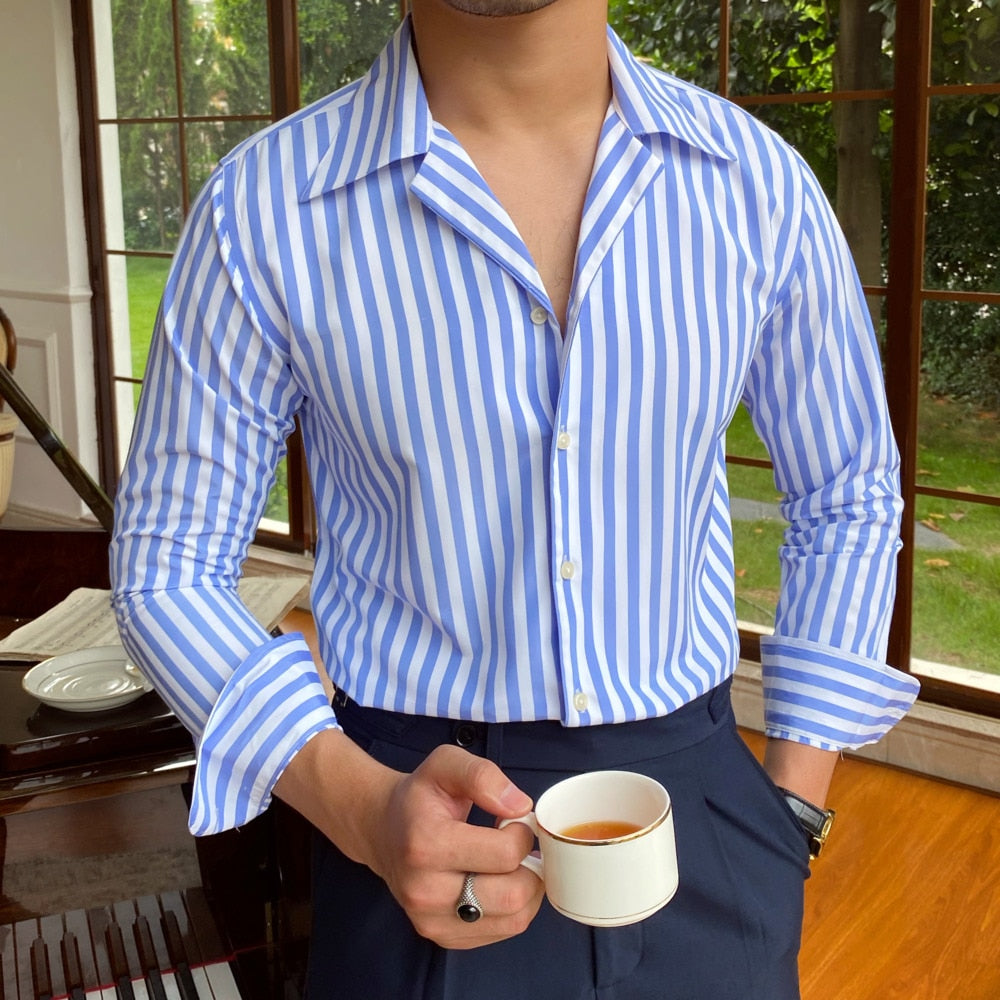 Cuban Collar Vertical White Stripes Decorated Shirt