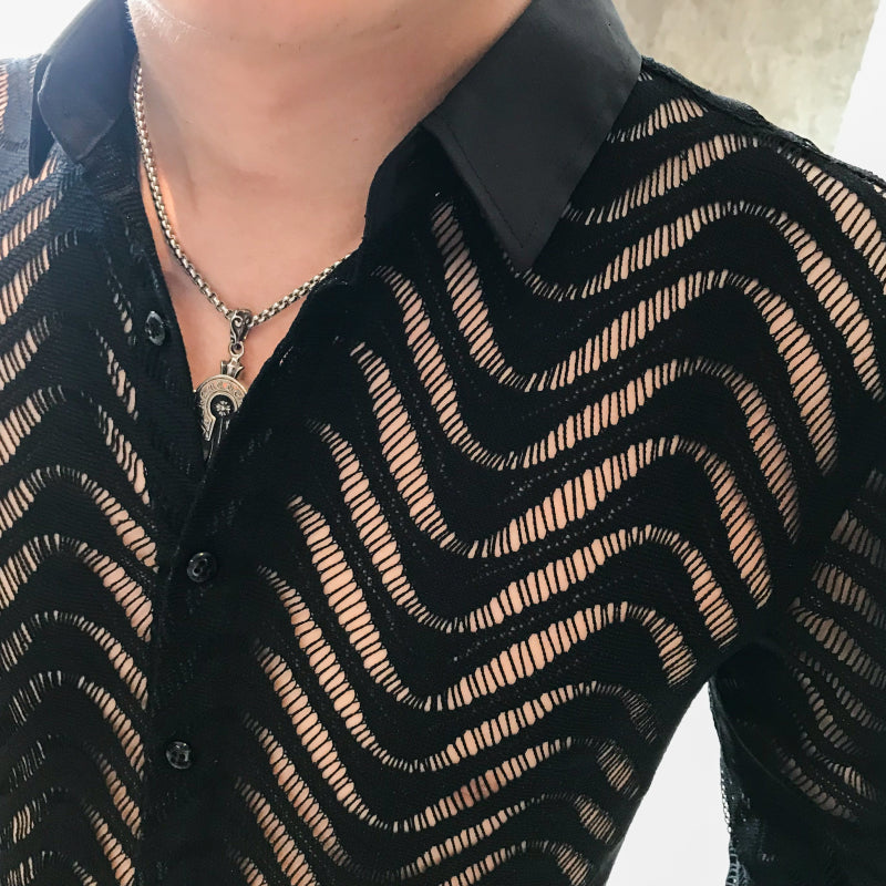 Stitch Wave Stripe Sexy See Through Style Men Shirts