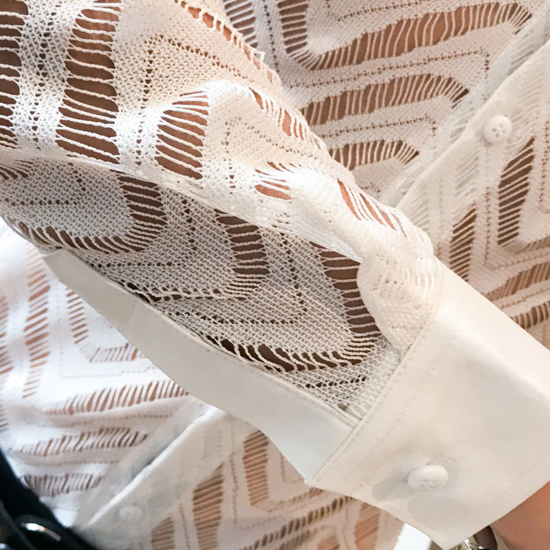 Stitch Wave Stripe Sexy See Through Style Men Shirts