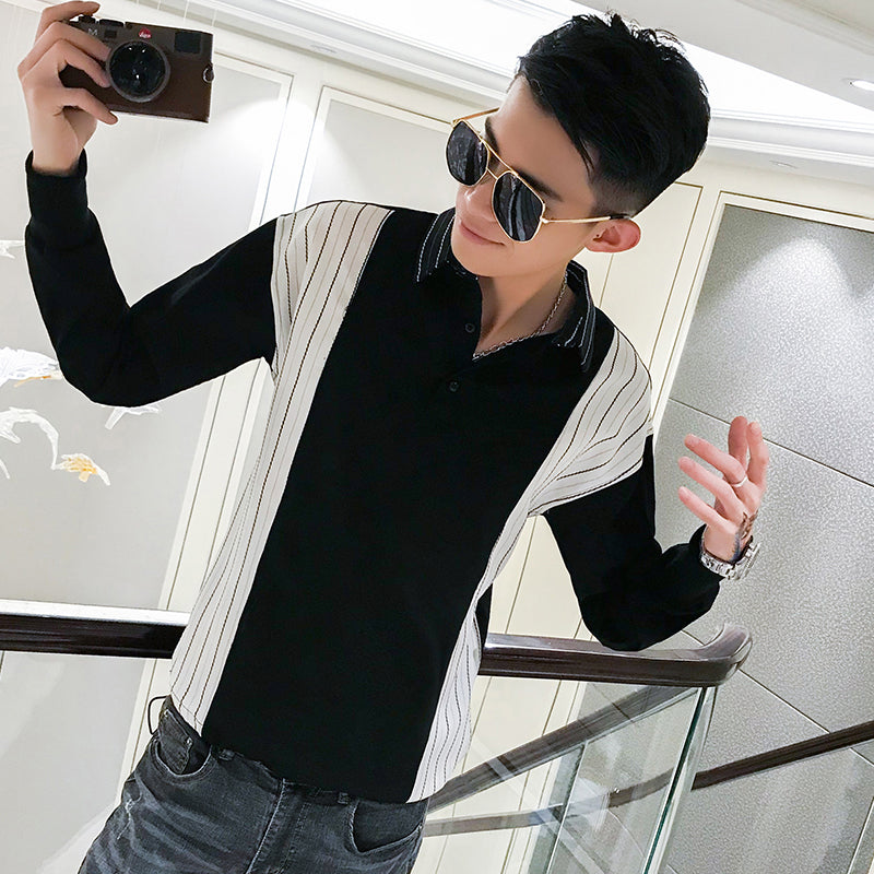 Patchwork Color Stripe Solid Casual Men Long Sleeves Pullover Shirt