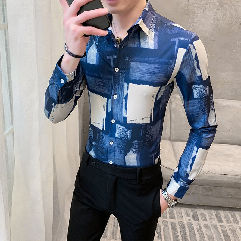Blue Lattice Brushed Printed Long Sleeve Slim Style Men Shirts