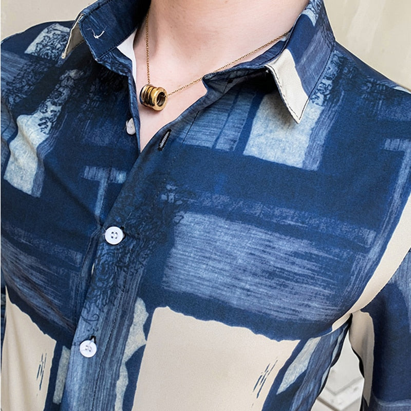 Blue Lattice Brushed Printed Long Sleeve Slim Style Men Shirts