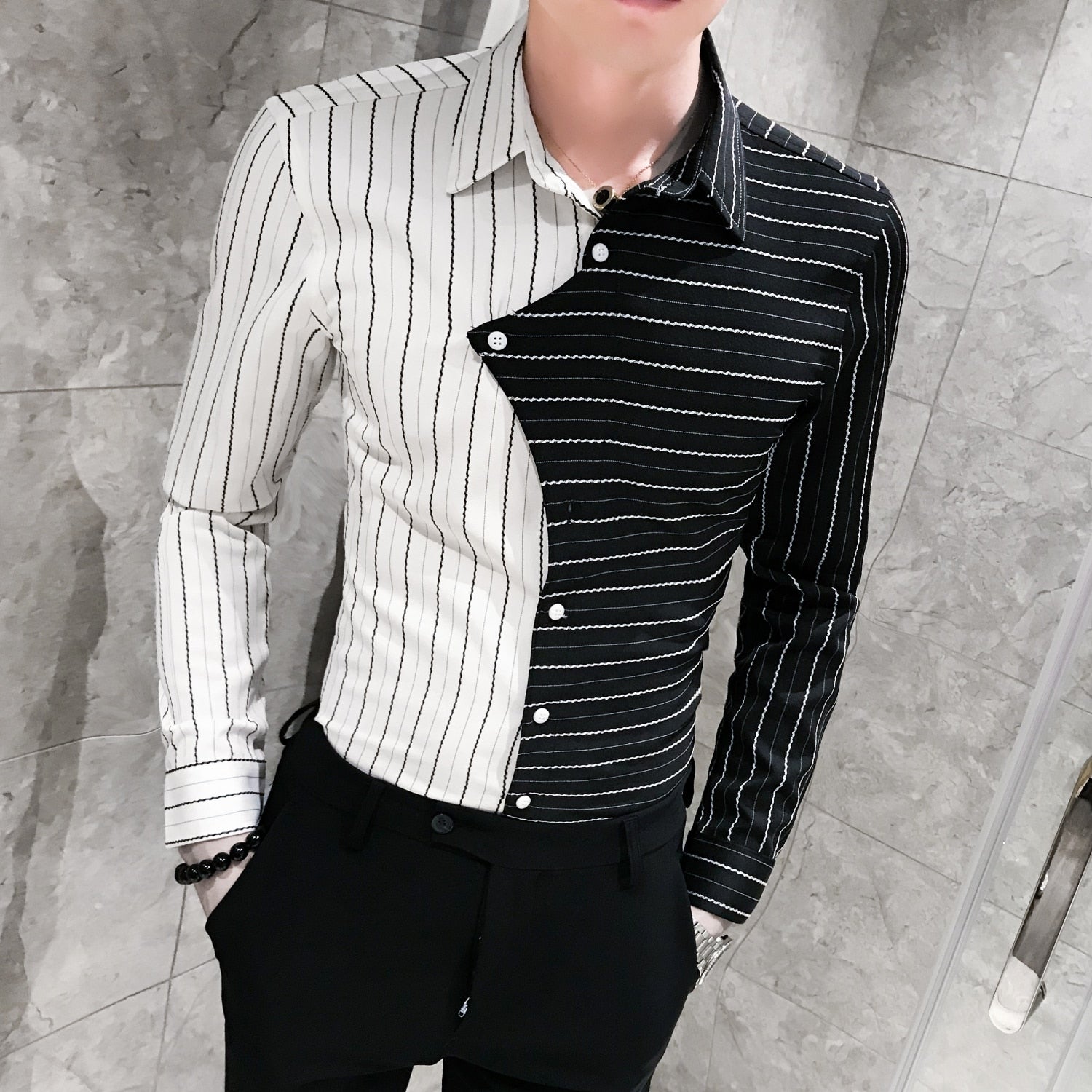 Black White Stripe Tide Button Line Casual Style Men Shirt