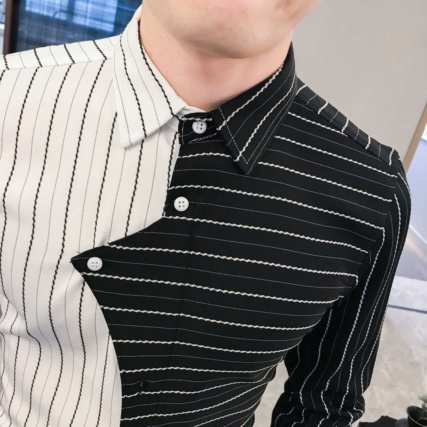 Black White Stripe Tide Button Line Casual Style Men Shirt