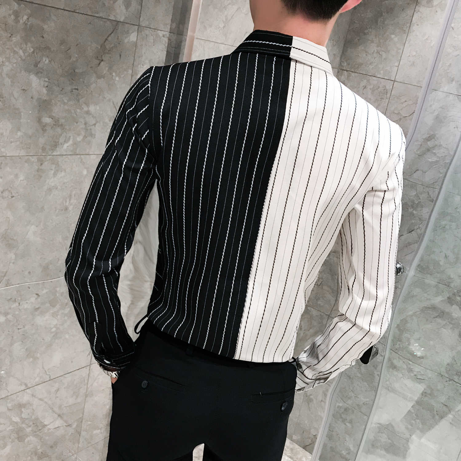Black White Stripe Tide Button Line Casual Style Men Shirt