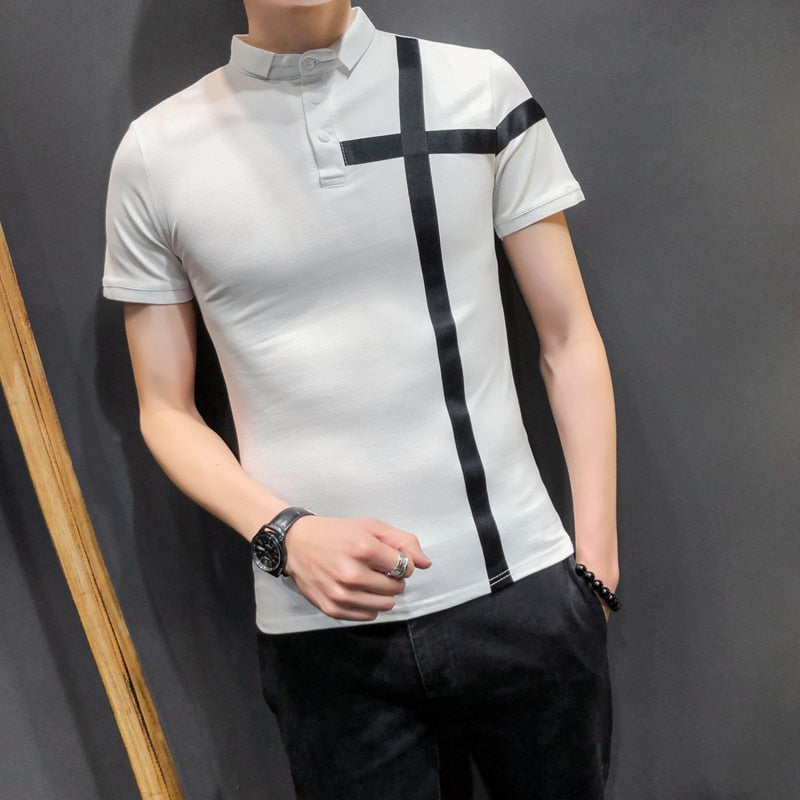 Solid with Simple Ribbon Patch Slim Fit Style Men Polo Shirt