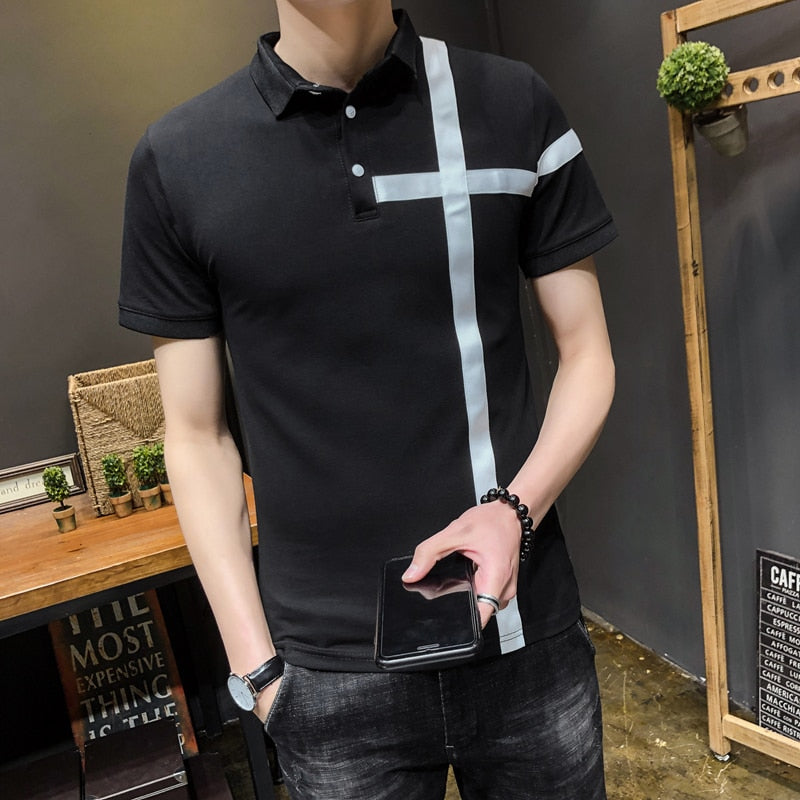 Solid with Simple Ribbon Patch Slim Fit Style Men Polo Shirt