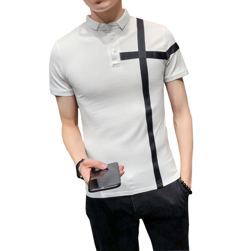 Solid with Simple Ribbon Patch Slim Fit Style Men Polo Shirt