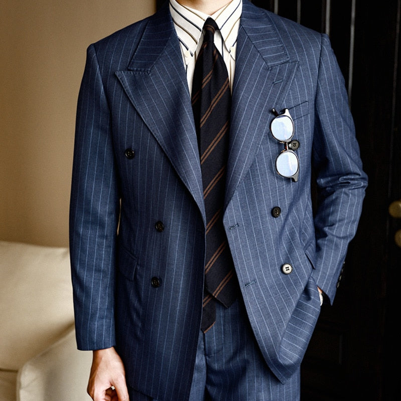 Double Breasted Striped Lapel Collar Blazer
