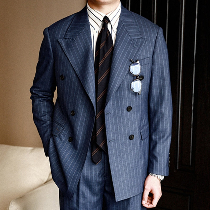 Double Breasted Striped Lapel Collar Blazer