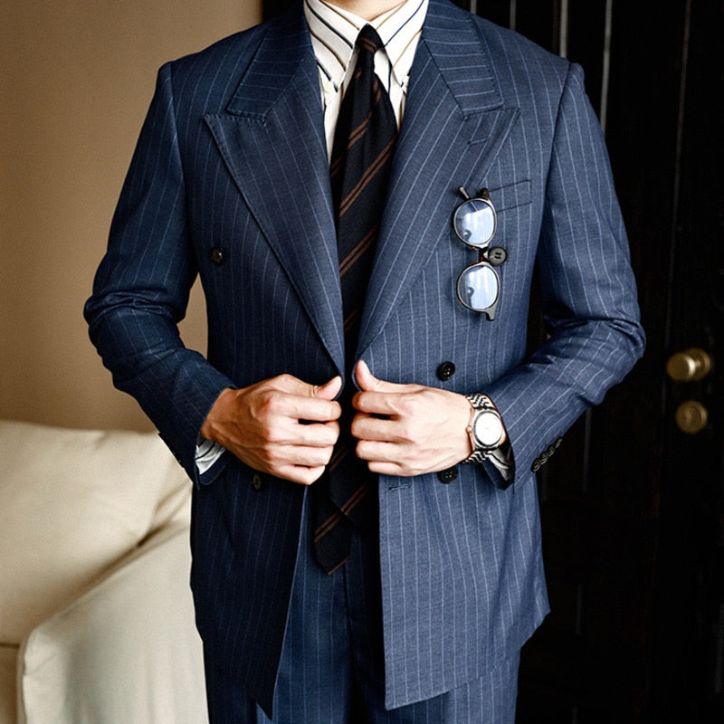 Double Breasted Striped Lapel Collar Blazer