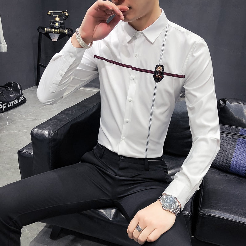 Solid with Ribbon Design Long Sleeve Slim Fit Style Men Shirts