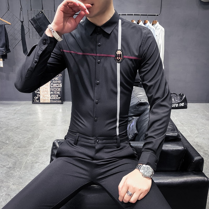 Solid with Ribbon Design Long Sleeve Slim Fit Style Men Shirts