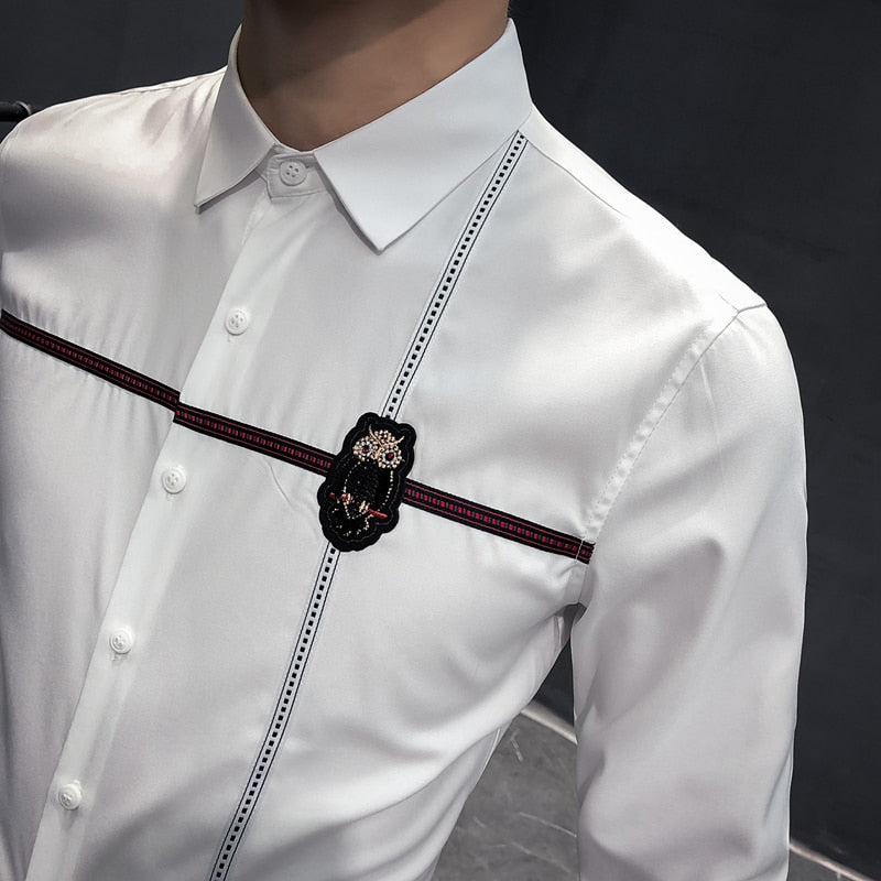 Solid with Ribbon Design Long Sleeve Slim Fit Style Men Shirts