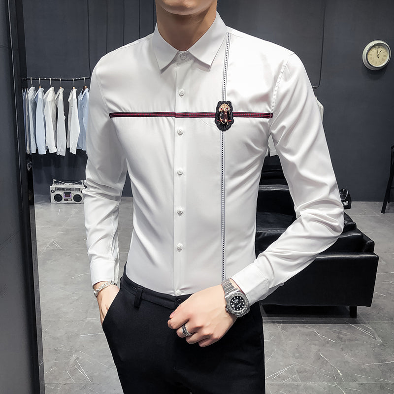 Solid with Ribbon Design Long Sleeve Slim Fit Style Men Shirts