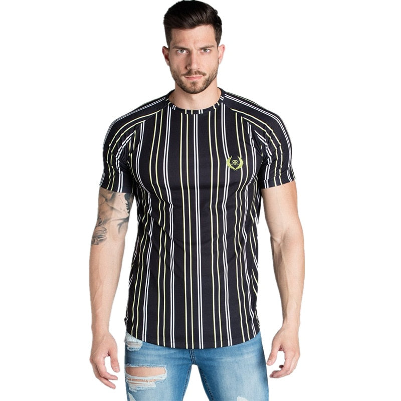 Stripes and Classic Gold Printed Stretch Men T-shirt