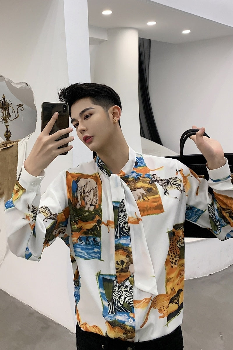 Vintage in Animal Pattern and Bow Tie Detail Men Long Sleeve Shirt