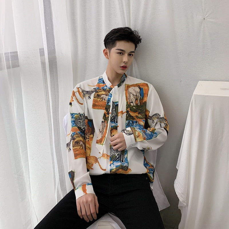 Vintage in Animal Pattern and Bow Tie Detail Men Long Sleeve Shirt