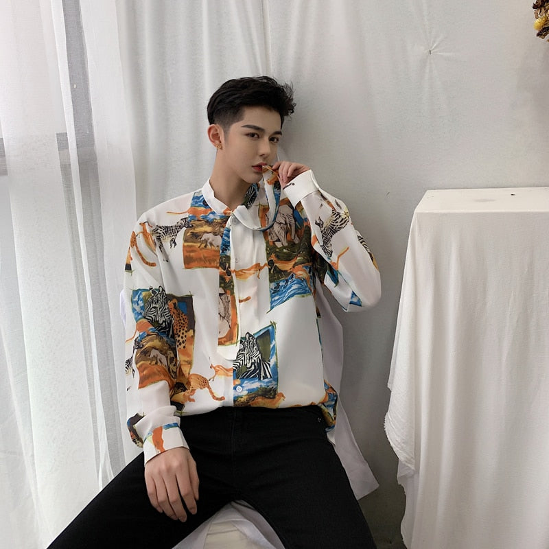 Vintage in Animal Pattern and Bow Tie Detail Men Long Sleeve Shirt