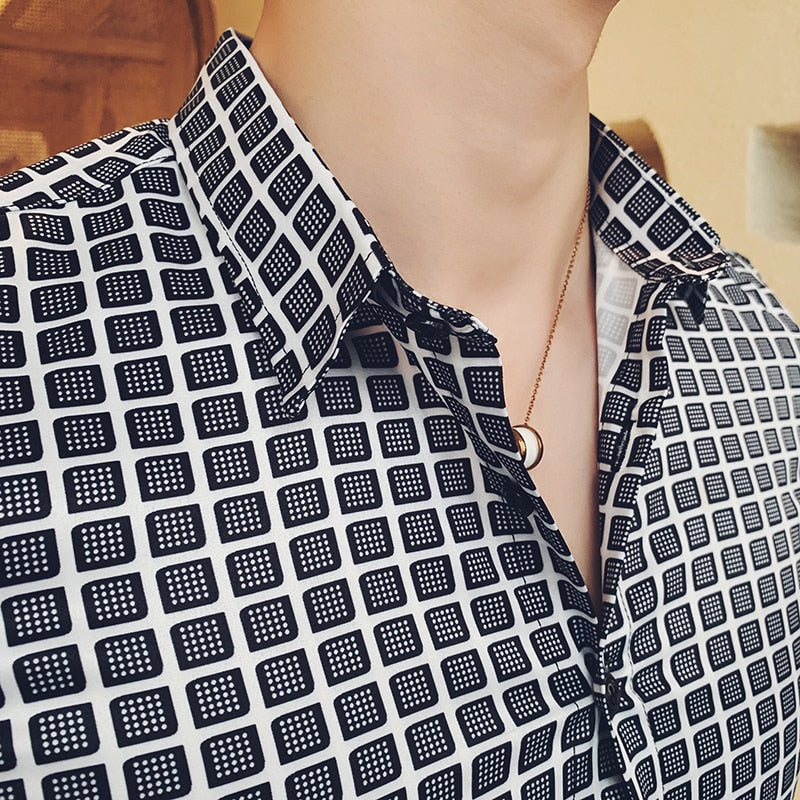 Korean Plaid Print Casual Men Long Sleeve Shirts