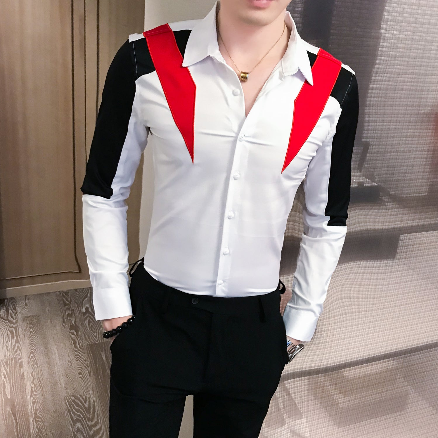 Casual Contrast Color Patchwork Men Long Sleeve Shirt
