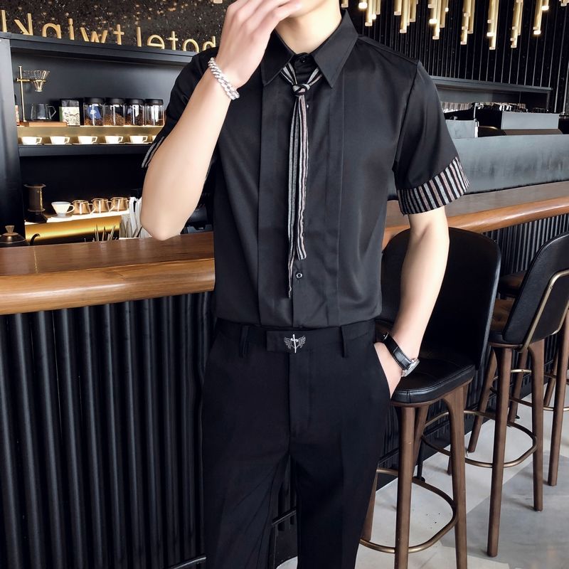 Vertical Lines With Tie Short Sleeve Shirt