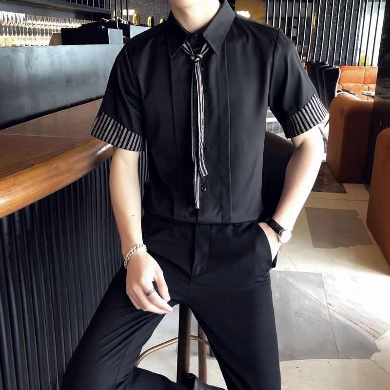 Vertical Lines With Tie Short Sleeve Shirt
