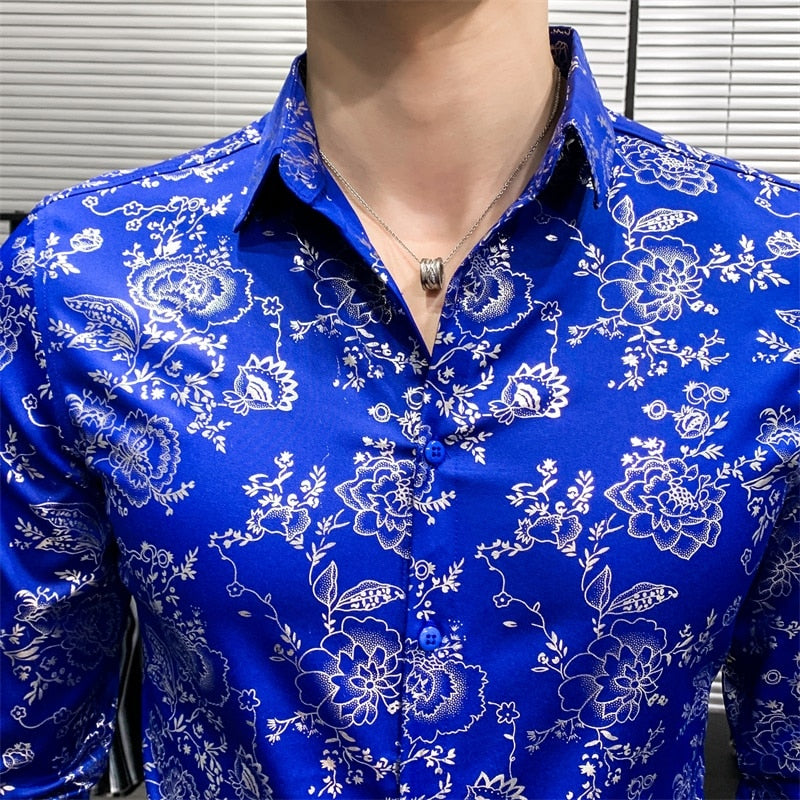 Contrast Color Flower Printed Long Sleeve Shirt