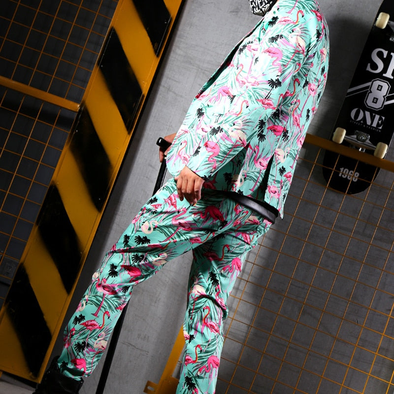 Green Print With Pink Flamingo Slim Fit Stage Costume Style Men Suit