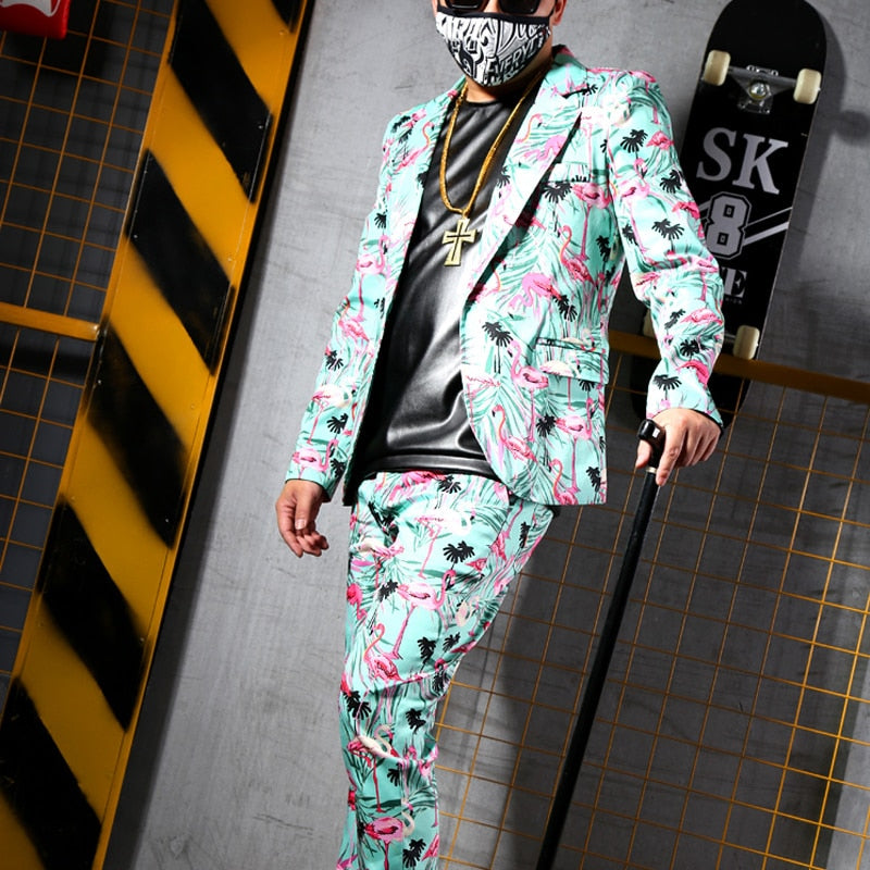 Green Print With Pink Flamingo Slim Fit Stage Costume Style Men Suit