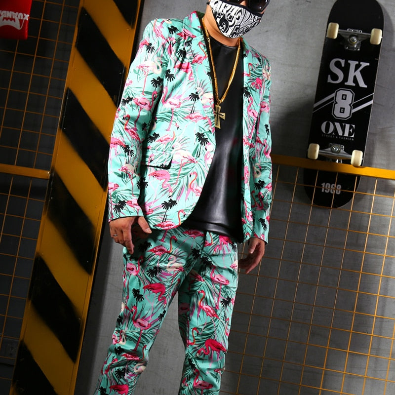 Green Print With Pink Flamingo Slim Fit Stage Costume Style Men Suit