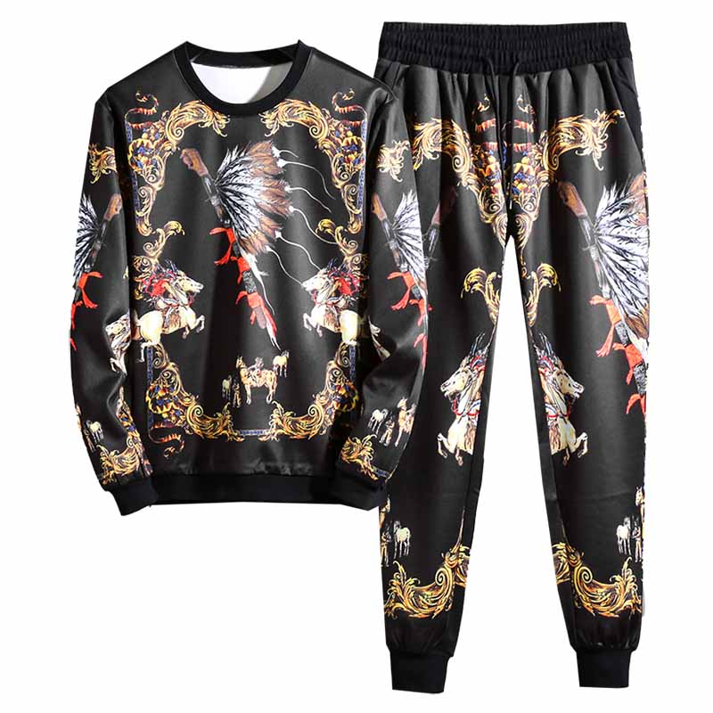 Casual Chinese Style Print Men Sweatshirt and Pants