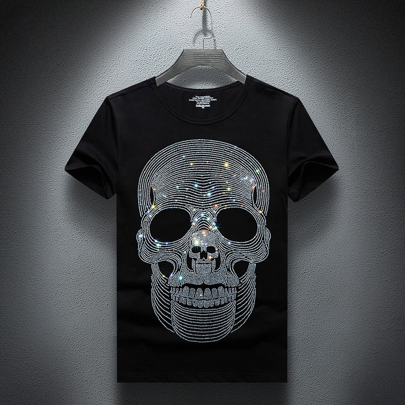 Striped Skulls Rhinestones Decorated T-Shirt
