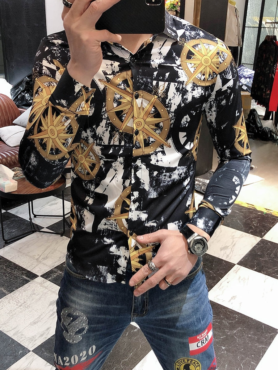 Wind Direction Printed Pattern Long Sleeve Shirt