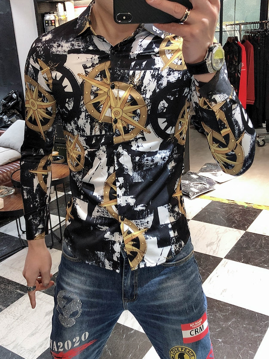 Wind Direction Printed Pattern Long Sleeve Shirt