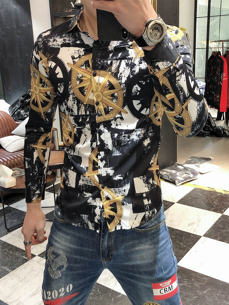 Wind Direction Printed Pattern Long Sleeve Shirt