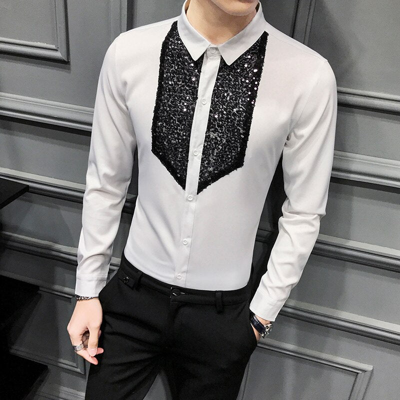 Chic Men Shirt Fashion Front Sequins Tuxedo Long Sleeve
