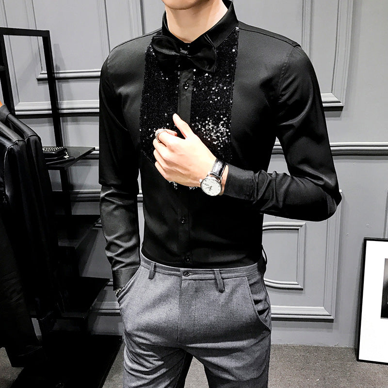 Chic Men Shirt Fashion Front Sequins Tuxedo Long Sleeve