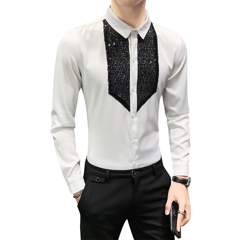 Chic Men Shirt Fashion Front Sequins Tuxedo Long Sleeve