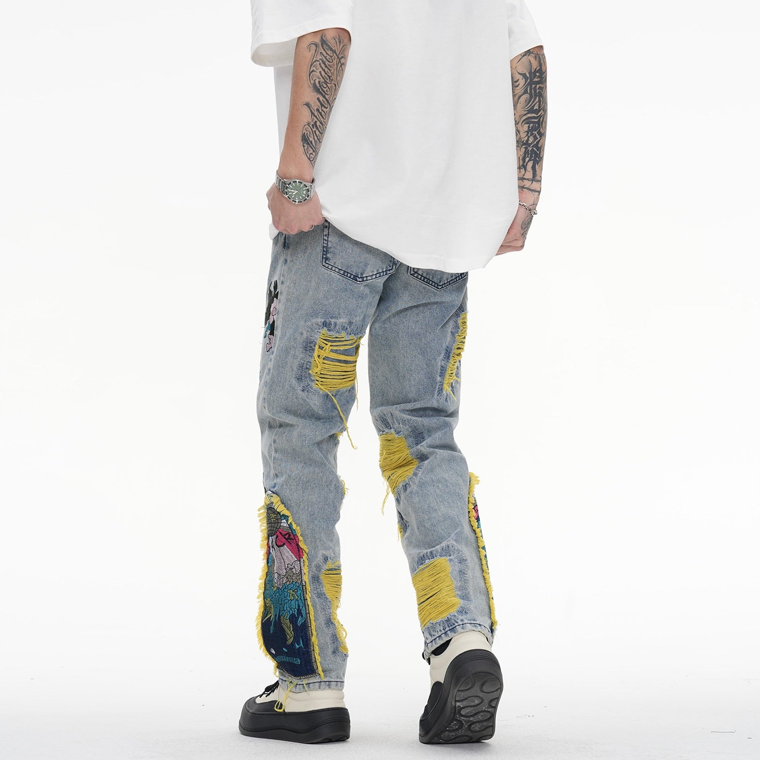 Streetwear Retro Embroidery Patchwork Men jeans