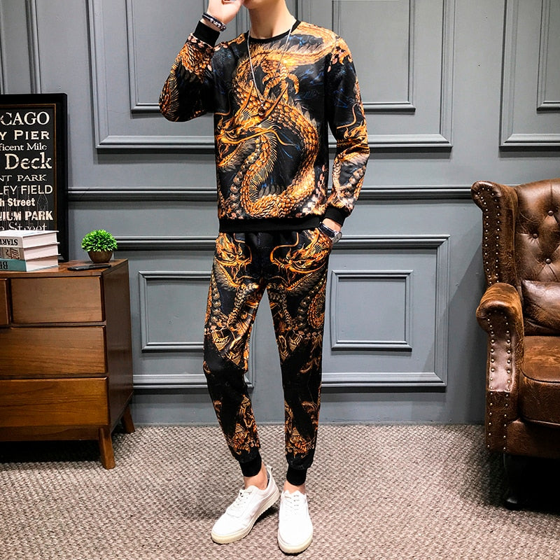 Fierce Dragon Print Casual Set Men Sweatshirt and Pants
